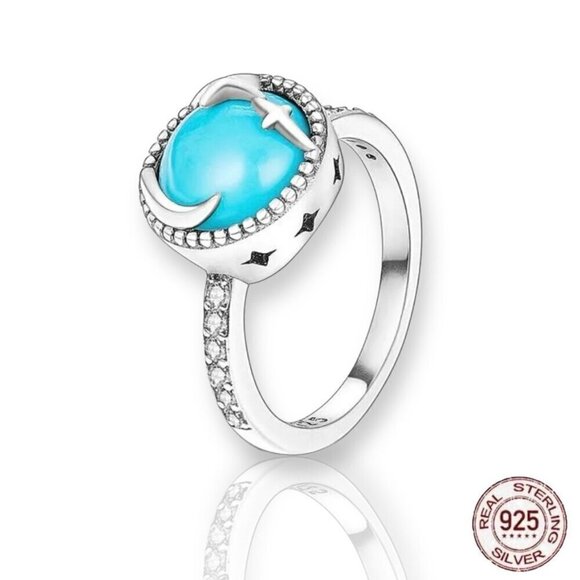 NWT Ring S925 Sterling Silver Stamped Star Moon CZ Turquoise Cabochon Sz. 6 - Picture 8 of 8